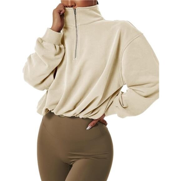 Women's Half Zip High Neck Crop Sweatshirt Long Sleeve Pullover Athletic Top - Picture 7 of 8